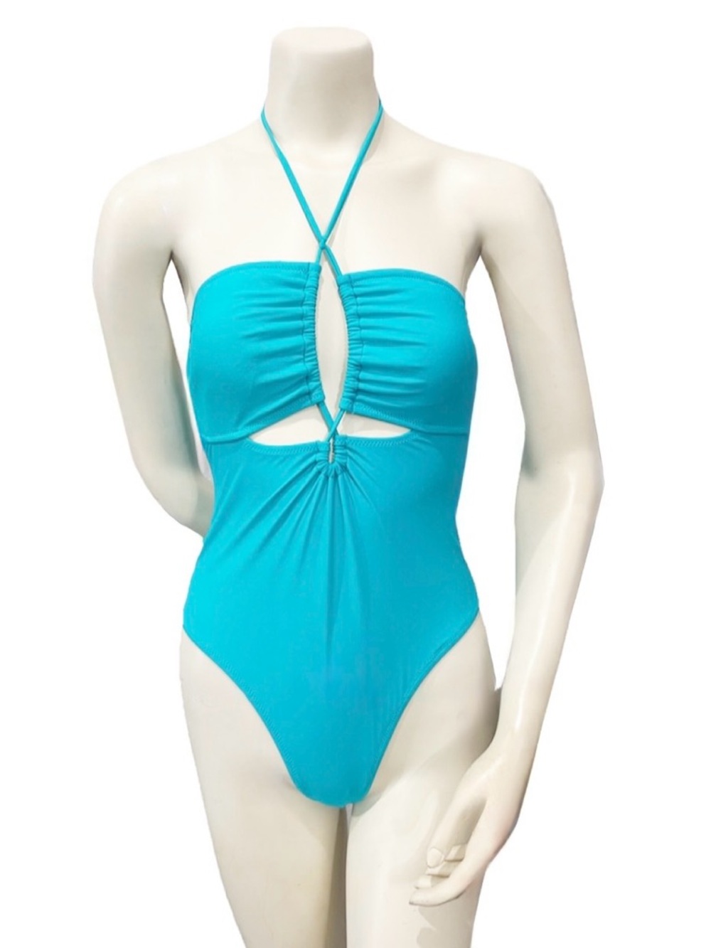 Mono B Turquoise Cutout One Piece Swimsuit NWT Medium Halter Ruched